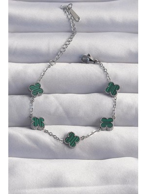 Uravas Store 316L Çelik Baby Boy Gümüş Renk Çizgili Yeşil Mineli Yonca Bileklik - TJ-BB6270