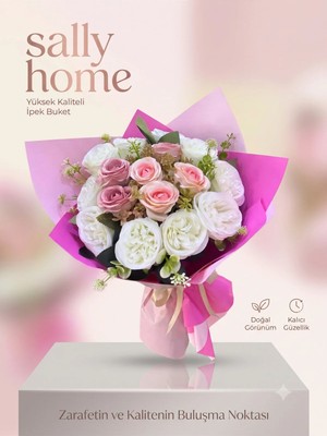 Sally Home Premium Yapay Ipek Çiçek Buketi (Pembe & Beyaz) Buketi Gelin, Isteme Mezuniyet, Sevgiliye Arkadaşa Hediye