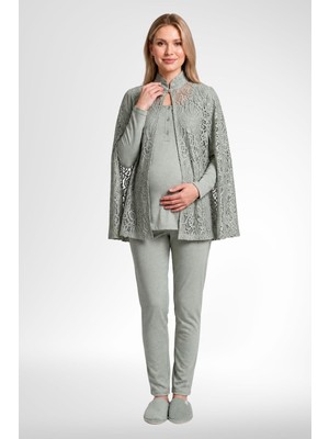 Mecit Pijama Mecit 6402 Elegant Yeşil Dantel Pelerinli Lohusa Pijama Takımı