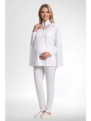 Mecit Pijama Mecit 6402 Elegant Ekru Dantel Pelerinli Lohusa Pijama Takımı