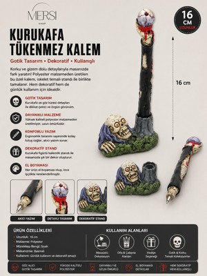 Mersi Shop Polyester Kurukafa Tükenmez Kalem 16 cm | Dekoratif Iskelet Tasarımlı Siyah Mürekkepli Kalem