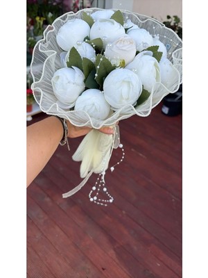 Sally Home Beyaz Şakayık Gelin Buketi, Tül, Buket Kız Isteme Yapay Buket, Inci Detaylı