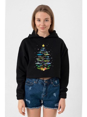 Tshirthane Shark Christmas Tree Siyah Kadın Crop Kapşonlu