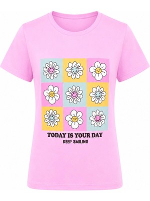 Trender Papatya Baskılı Pembe Kız Çocuk T-Shirt 8042