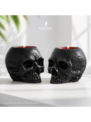 Kara Teke Collections 2'li Modern Dekoratif Gotik Kafatası Beton Tealight Mumluk – Siyah