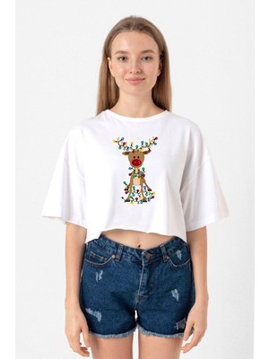 Adorable Reindeer Christmas Beyaz Kadın Crop Tshirt