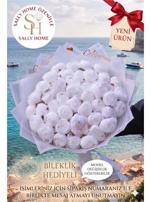 Sally Home Premium Series: Kişiye Özel 41’li Beyaz Şakayık Seti Bileklik Hediyeli- Isme Özel