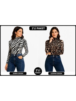 İngegno Body Yarım Balıkçı Uzun Kol Örme Kumaş Viskon Kdaın Body Zebra ve Leopar Desen 2li Paket