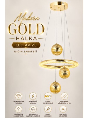 Elvora Home Modern (Premium) Gold Küreli 3 Renkli Ledli 84W Şık Sarkıt Avize Salon Mutfak Çocuk Odası Avizesi Modelleri