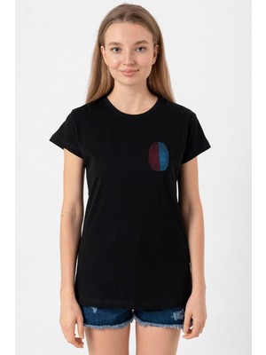 Bordo Mavi Parmak Izi Siyah Kadın Tshirt
