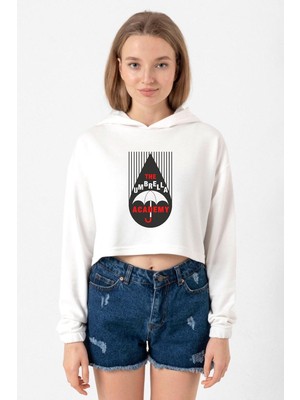 Tshirthane The Umbrella Academy Rain Logo Ekru Kadın Crop Kapşonlu