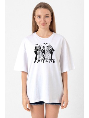 Halloween Friends Beyaz Kadın Oversize Tshirt