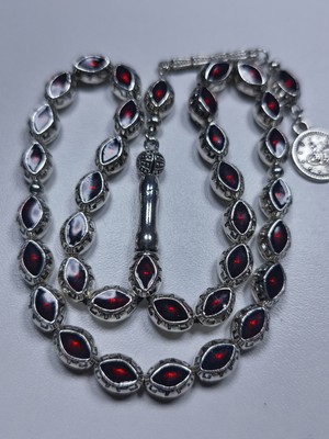 Efekentli Kırmızı Mineli Metal Alpaka Özel Tasarım Ağır Tesbih (11 x 8 x 6 Mm)