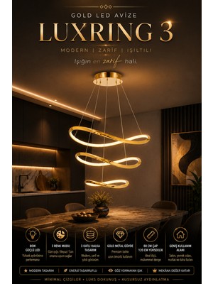 Elvora Home Modern (Premium) 3 Katlı Gold 3 Renkli Ledli 80W Şık Sarkıt Avizesi Salon Mutfak Oturma Odası Avizesi Modelleri