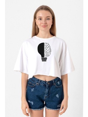 Lightbulb & Brain Beyaz Kadın Crop Tshirt