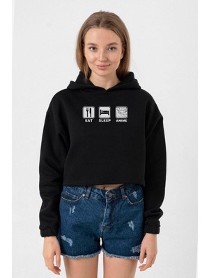 Tshirthane Eat Sleep Anime Siyah Kadın Crop Kapşonlu
