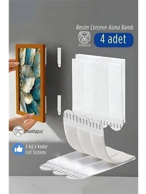 Uravas Store Güçlü Resim Çerçeve Asma Bandı 4'lü Set - 6kg Taşıma Kapasiteli Duvar Delmeyen Cırt Sistemi