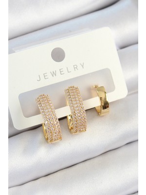 Uravas Store Pirinç Zirkon Taşlı Damla Model Gold Renk 3'lü Çift Kadın Küpe Set