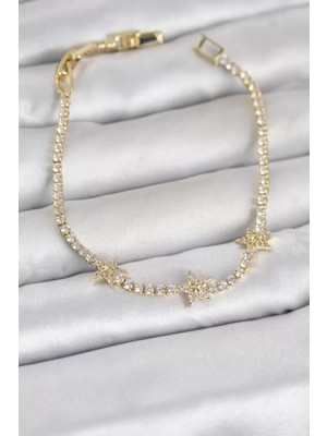 Uravas Store Pirinç Gold Renk Minimal Yıldız Model Zirkon Taşlı Su Yolu Kadın Bileklik - TJ-BB8379