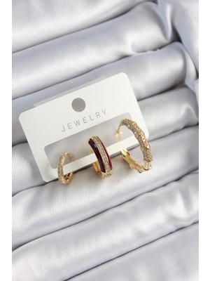 Uravas Store Pirinç Zirkon Taşlı Bordo Halka Model Gold Renk 3'lü Çift Kadın Küpe Set