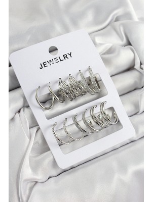 Uravas Store Pirinç Karışık Halka Model Gümüş Renk 6 Çift Kadın Küpe Set