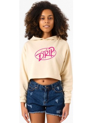 Tshirthane Babymonster Drip Bej Kadın Crop Kapşonlu