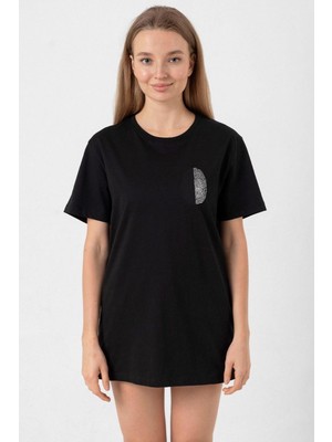 Siyah Beyaz Parmak Izi Siyah Kadın Oversize Tshirt