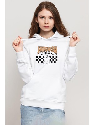 Tshirthane Halloween Mickey Ghost Beyaz Kadın 3ip Kapşonlu Sweatshirt