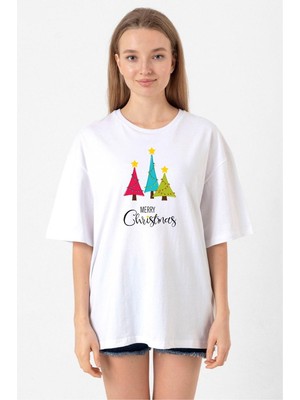 Merry Christmas Beyaz Kadın Oversize Tshirt