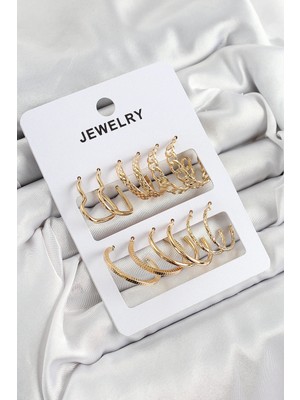 Uravas Store Pirinç Karışık Halka Model Gold Renk 6 Çift Kadın Küpe Set