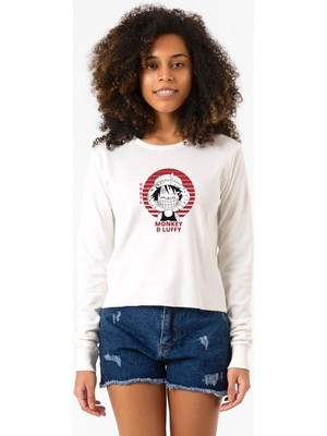 Tshirthane One Piece Anime Monkey D Luffy Ekstra Uzunkol Sweatshirt Ekru