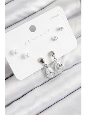 Uravas Store Pirinç Zirkon Taşlı Sallantılı Damla Model Gümüş Renk 925 Ayar Gümüş Çivi Kadın Küpe Set