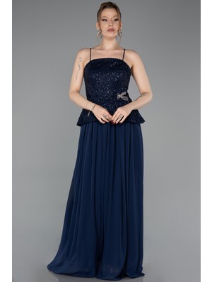 Abiyefon Üstü Boncuklu Peplum Uzun Şifon Abiye Elbise ABU6076