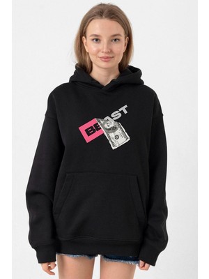 Tshirthane Mr Beast Dollar Bill Siyah Kadın 3ip Kapşonlu