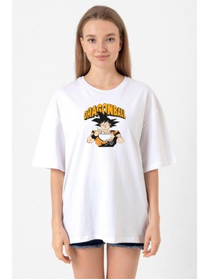Dragon Ball Z Anime Goku Eating Ramen Beyaz Kadın Oversize Tshirt