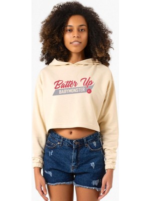 Tshirthane Babymonster Batter Up Bej Kadın Crop Kapşonlu
