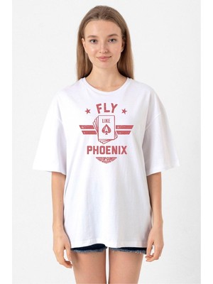 Top Gun Maverick Fly Like A Phoenix Beyaz Kadın Oversize Tshirt