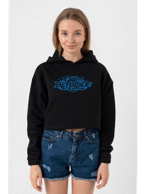 Tshirthane Beyblade Logo Siyah Kadın Crop Kapşonlu