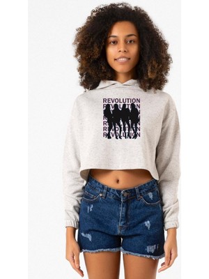 Tshirthane Blackpink Revolution Beyaz Kırçıllı Kadın Crop Kapşonlu