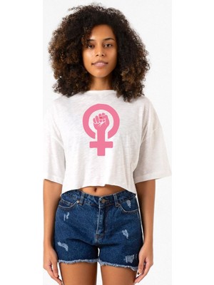 Pink Venus Symbol Hand Beyaz Kırçıllı Kadın Crop Tshirt