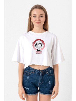 One Piece Anime Monkey D Luffy Beyaz Kadın Crop Tshirt