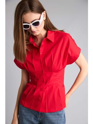 DeFacto %100 Pamuk Fitted Ceket Yaka Poplin Kısa Kollu Kırmızı Gömlek F9335AX26AU