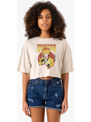 Demon Slayer Anime Zenitsu Poster Bej Kadın Crop Tshirt