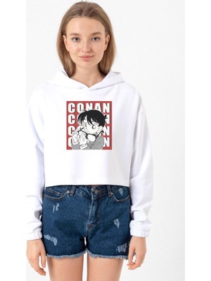 Tshirthane Detective Conan Anime Conan Beyaz Optik Kadın Crop Kapşonlu