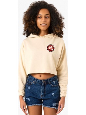 Tshirthane One Piece Anime Ninja Org. N.S Bej Kadın Crop Kapşonlu