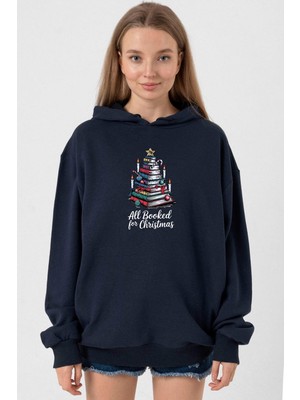 Tshirthane All Booked For Christmas Lacivert Kadın 3ip Kapşonlu