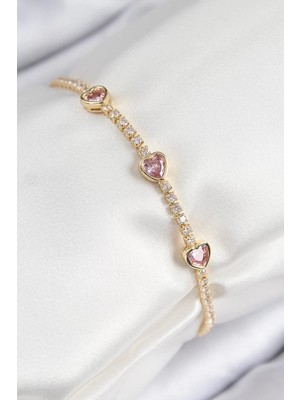 Uravas Store Pirinç Zirkon Taşlı Pembe Kalp Model Gold Renk Kadın Bileklik - TJ-BB7687