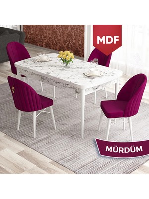 Canisa Elf Serisi MDF 80X132 Açılabilir Beyaz Mermer Desen Mutfak Masası Takımı  4 Sandalye Gold Halkalı