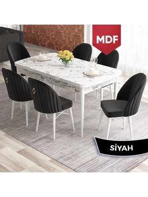 Canisa Elf Serisi 80X132 MDF Açılabilir Beyaz Mermer Desen Mutfak Masası Takımı 6 Sandalye Gold Halkalı