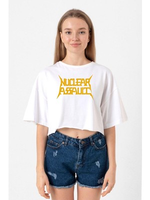 Nuclear Assault Lettern Beyaz Kadın Crop Tshirt